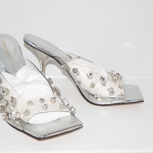Good American Jeweled Emma Slip On Heels Rhinestones 4" Silver Stiletto Size 11 - Picture 7 of 7